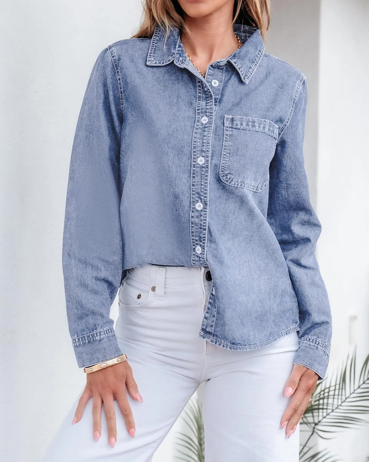 GRAPENT Denim Button Down Shirts for Women Long Sleeve Lightweight Western Relaxed Single Pocket Jean Shirt Shacket Top