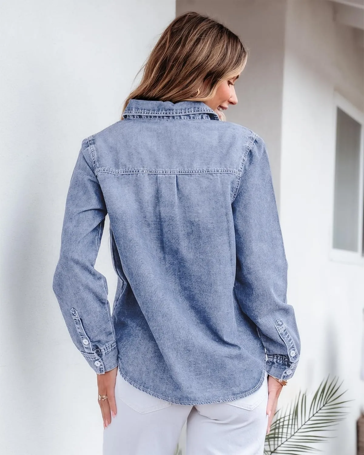 GRAPENT Denim Button Down Shirts for Women Long Sleeve Lightweight Western Relaxed Single Pocket Jean Shirt Shacket Top