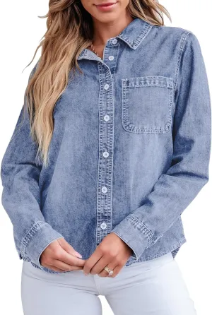 GRAPENT Denim Button Down Shirts for Women Long Sleeve Lightweight Western Relaxed Single Pocket Jean Shirt Shacket Top