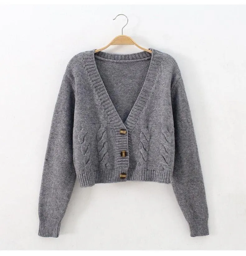 Great Women Cardigans Spring Short Cropped Cardigans - Button Up V neck Twisted Knitted White Cardigan Sueter Feminino (TP4)(TB8C)(1U23)