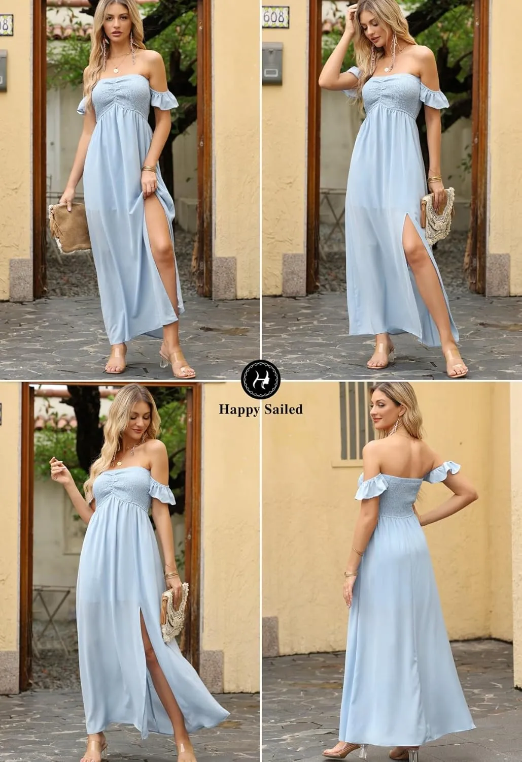 Happy Sailed Women's 2025 Summer Smocked Off The Shoulder Maxi Dresses Ruffle Short Sleeve A Line Side Slit Sundress