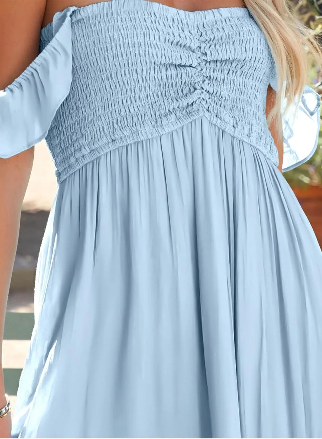 Happy Sailed Women's 2025 Summer Smocked Off The Shoulder Maxi Dresses Ruffle Short Sleeve A Line Side Slit Sundress