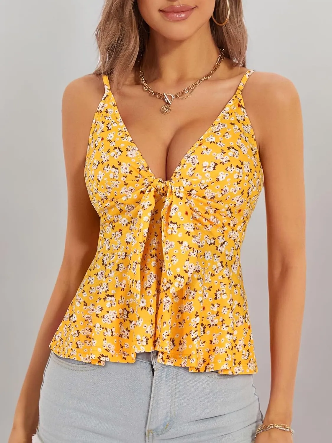 HUHOT Women's Floral Ruffle Top Tie Front Sleeveless V Neck Adjustable Spaghetti Strap Cami