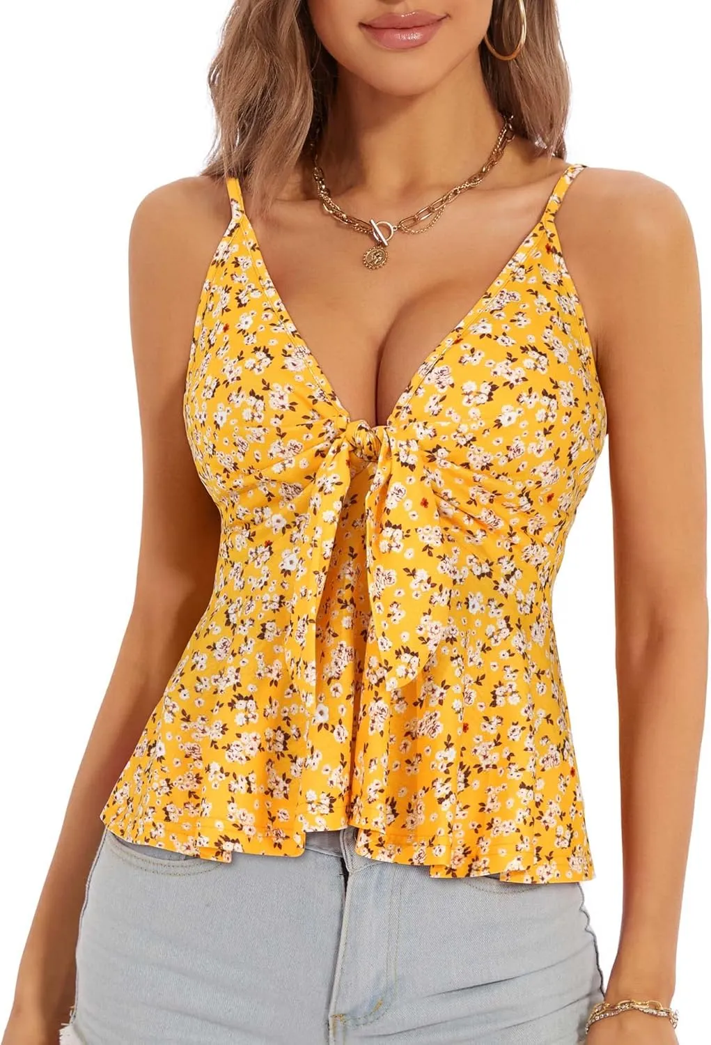 HUHOT Women's Floral Ruffle Top Tie Front Sleeveless V Neck Adjustable Spaghetti Strap Cami