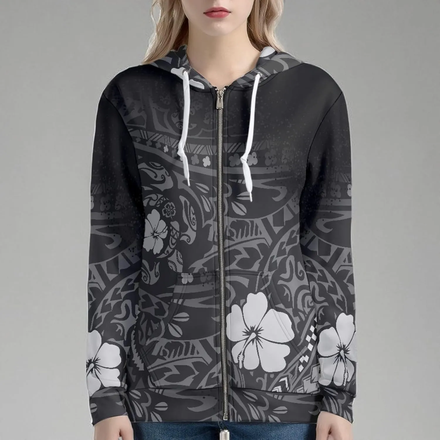 Irisjudy Island Tribal Zipper Women Hoodies with Pocket, Leopard Print,Music Notes Plus Size Hooded Sweatshirt Sport Coat