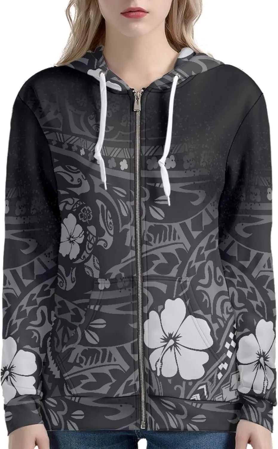 Irisjudy Island Tribal Zipper Women Hoodies with Pocket, Leopard Print,Music Notes Plus Size Hooded Sweatshirt Sport Coat