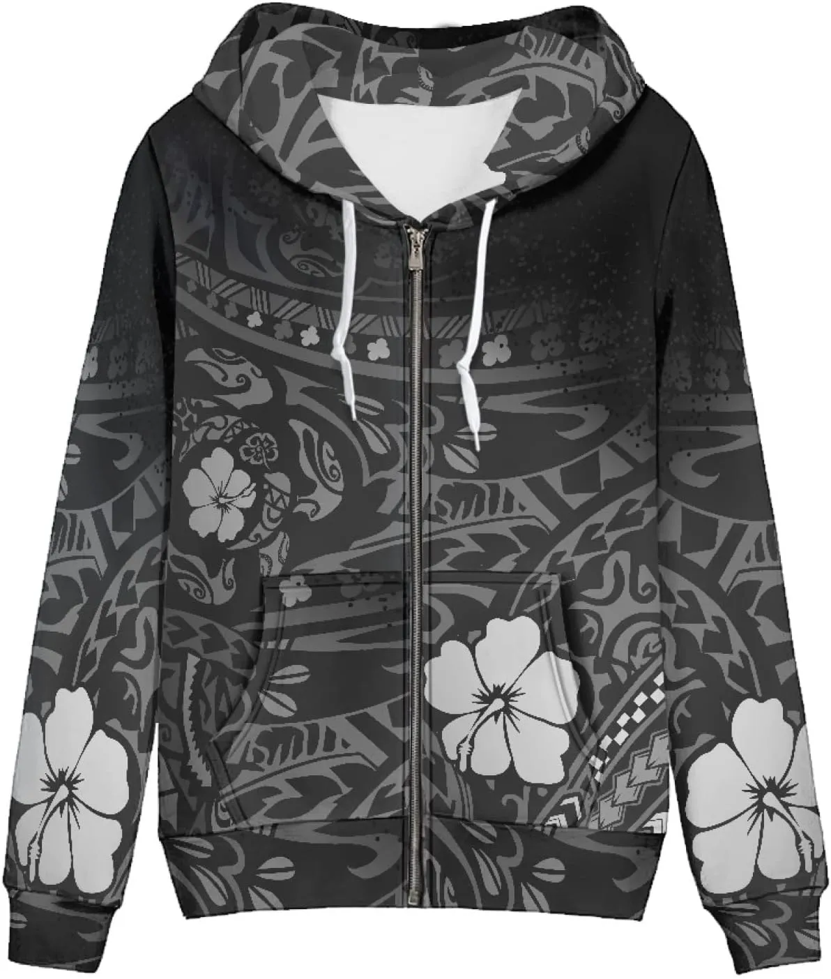 Irisjudy Island Tribal Zipper Women Hoodies with Pocket, Leopard Print,Music Notes Plus Size Hooded Sweatshirt Sport Coat