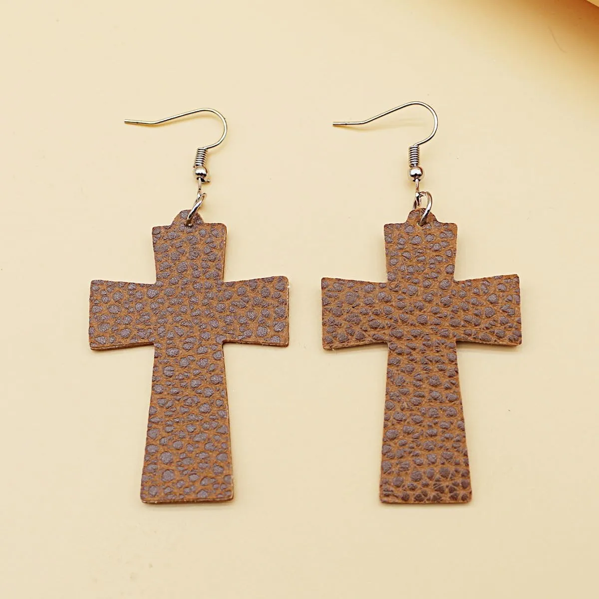 Large Cross Dangle Earrings Wave Point Leather Earrings Vintage Religious Jewelry Gifts for Women