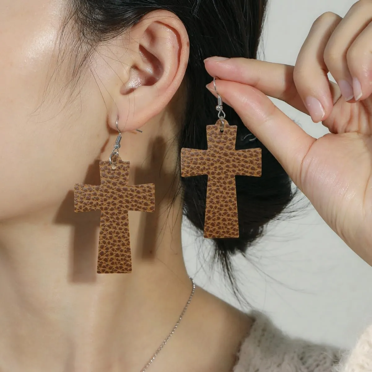 Large Cross Dangle Earrings Wave Point Leather Earrings Vintage Religious Jewelry Gifts for Women