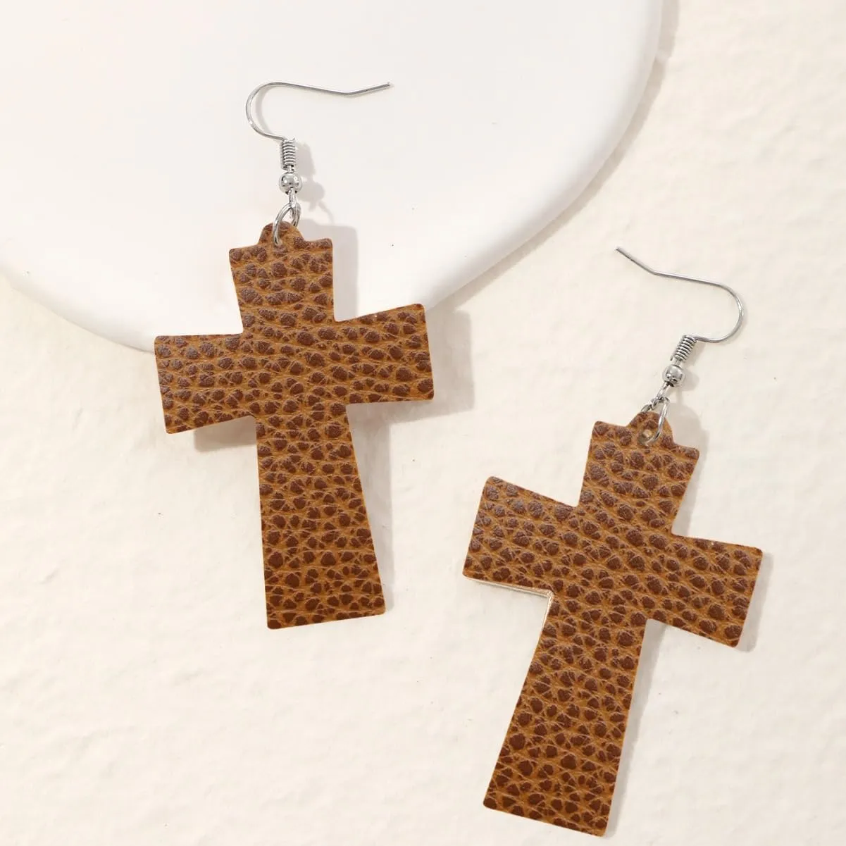 Large Cross Dangle Earrings Wave Point Leather Earrings Vintage Religious Jewelry Gifts for Women