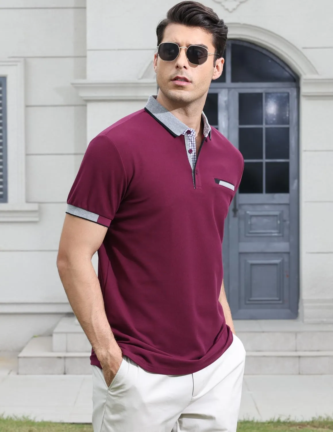 LIUPMWE Polo Shirts for Men with Pocket Elegante Plaided Short Sleeve Cotton T Shirts Golf Shirt