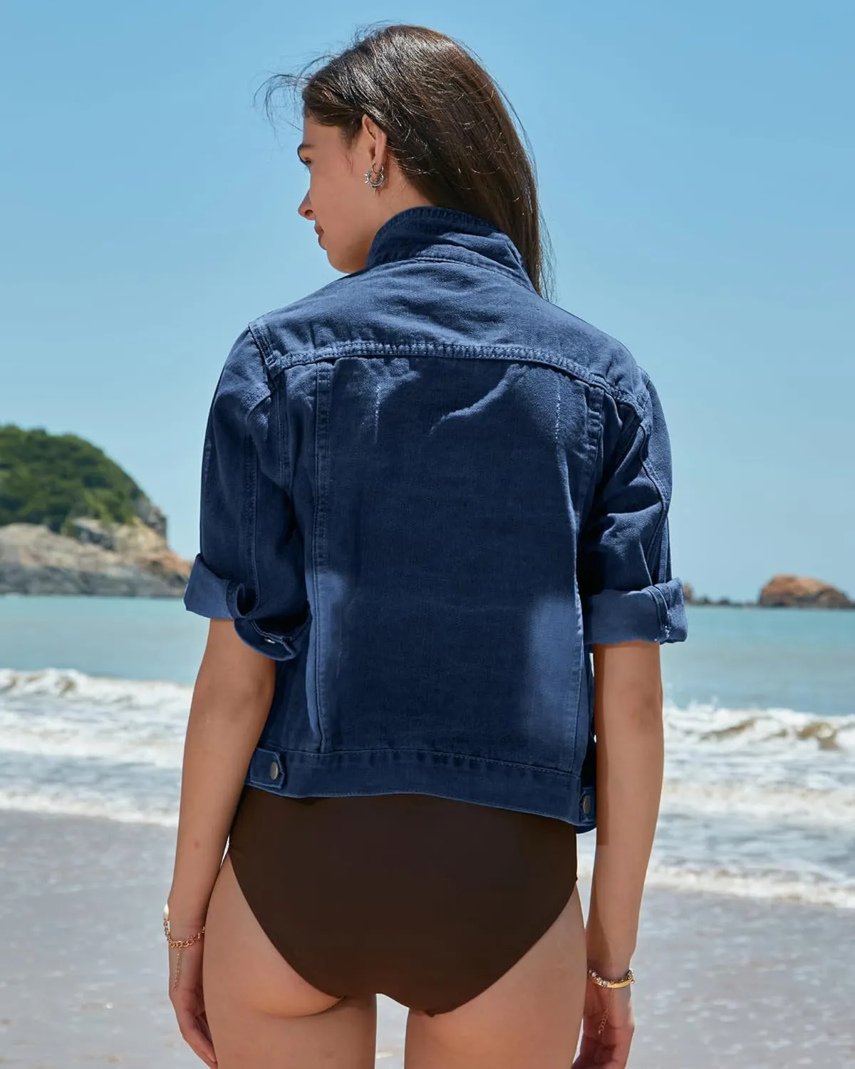 Locachy Womens 3/4 Sleeve Short Denim Jacket Lapel Button Down Cropped Trucker Jean Jackets Coats