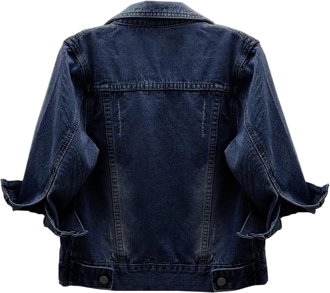 Locachy Womens 3/4 Sleeve Short Denim Jacket Lapel Button Down Cropped Trucker Jean Jackets Coats