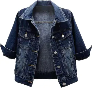 Locachy Womens 3/4 Sleeve Short Denim Jacket Lapel Button Down Cropped Trucker Jean Jackets Coats