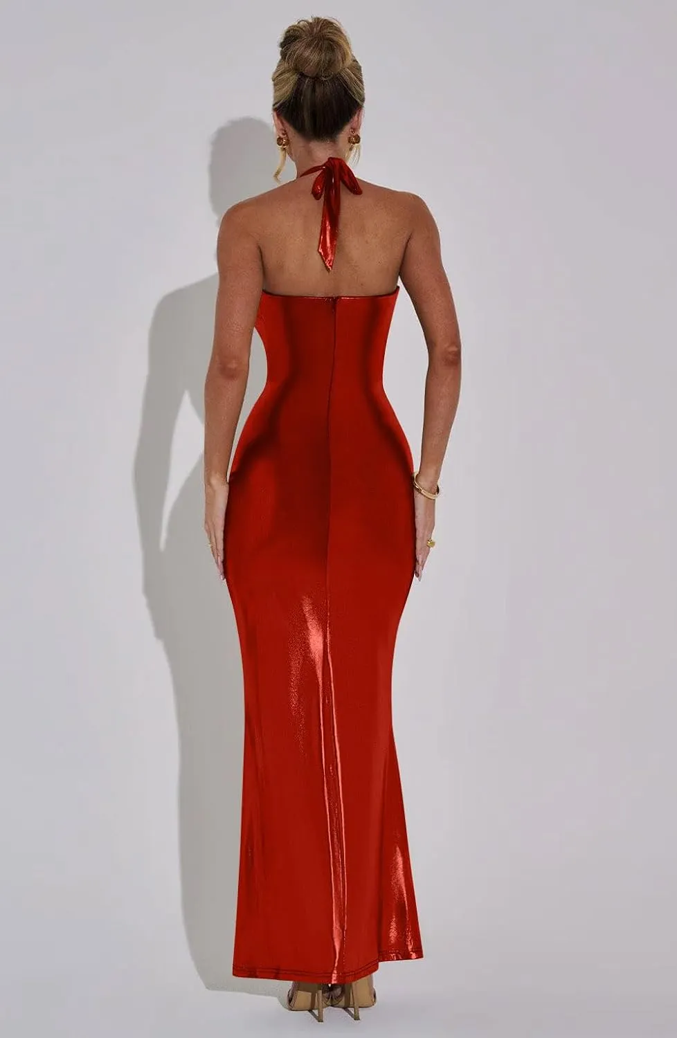 Memoriesea Women's Luxury Metallic Halter Neck Bodycon Party Evening Gown Maxi Dress