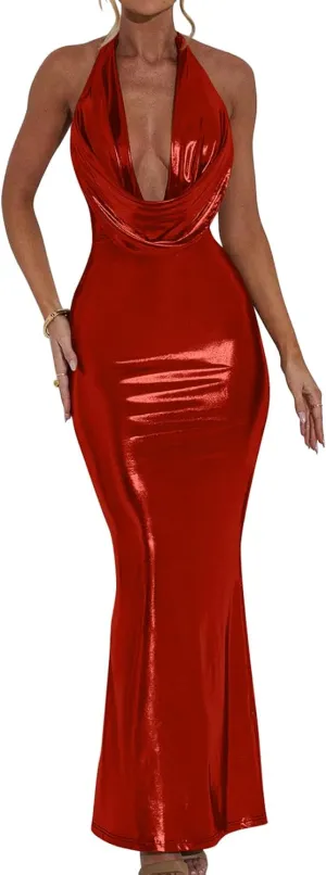 Memoriesea Women's Luxury Metallic Halter Neck Bodycon Party Evening Gown Maxi Dress