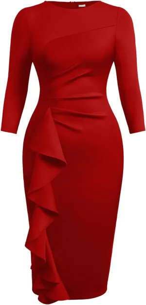 Memoriesea Women's Vintage Bodycon 3/4 Sleeve Work Church Knee Length Pencil Midi Dress