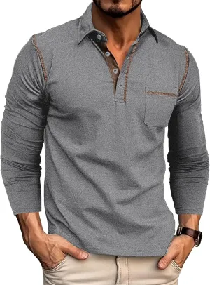 Men's Long Sleeve Polo Shirts, Casual Business Cotton Blend Thermal Button Down Golf Shirt with Pocket