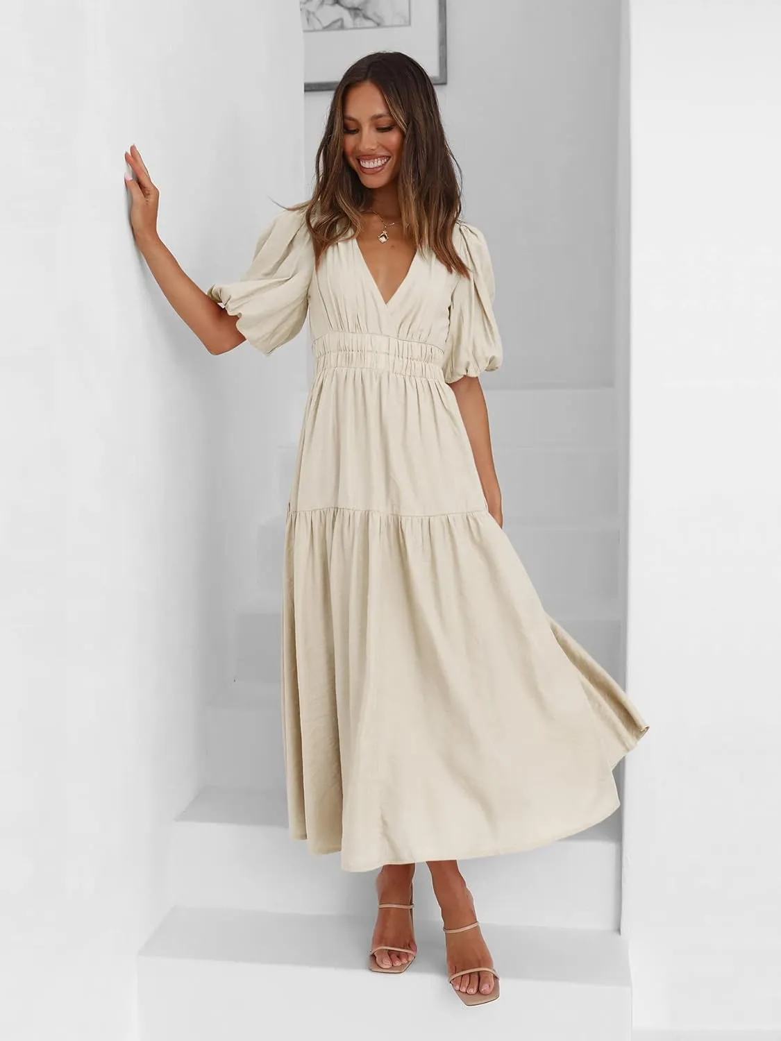 MessBebe Women's Summer Maxi Dress Puffy Sleeve V Neck Boho Party Beach Tiered Ruffle Flowy Long Smocked Dresses