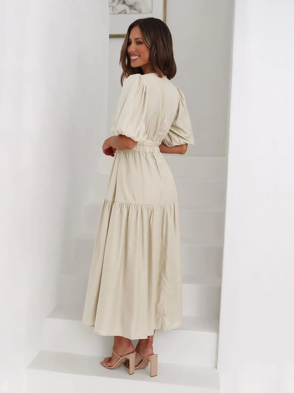MessBebe Women's Summer Maxi Dress Puffy Sleeve V Neck Boho Party Beach Tiered Ruffle Flowy Long Smocked Dresses
