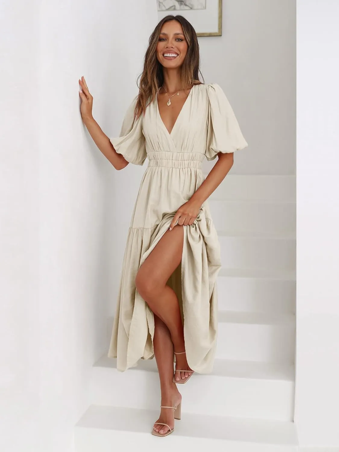 MessBebe Women's Summer Maxi Dress Puffy Sleeve V Neck Boho Party Beach Tiered Ruffle Flowy Long Smocked Dresses