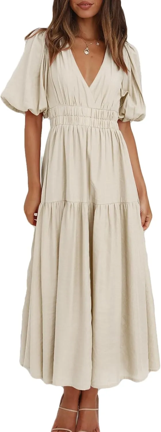MessBebe Women's Summer Maxi Dress Puffy Sleeve V Neck Boho Party Beach Tiered Ruffle Flowy Long Smocked Dresses