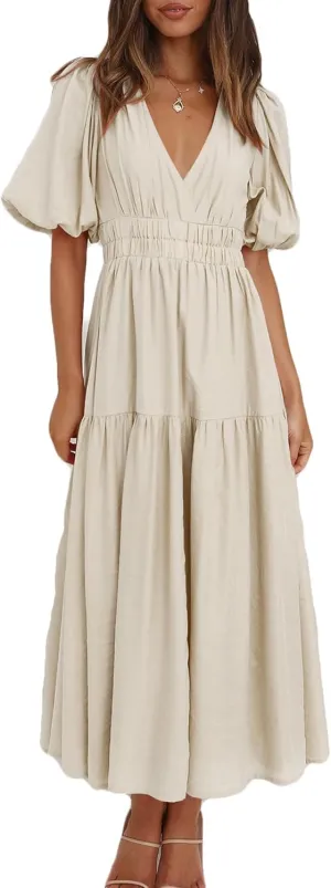 MessBebe Women's Summer Maxi Dress Puffy Sleeve V Neck Boho Party Beach Tiered Ruffle Flowy Long Smocked Dresses