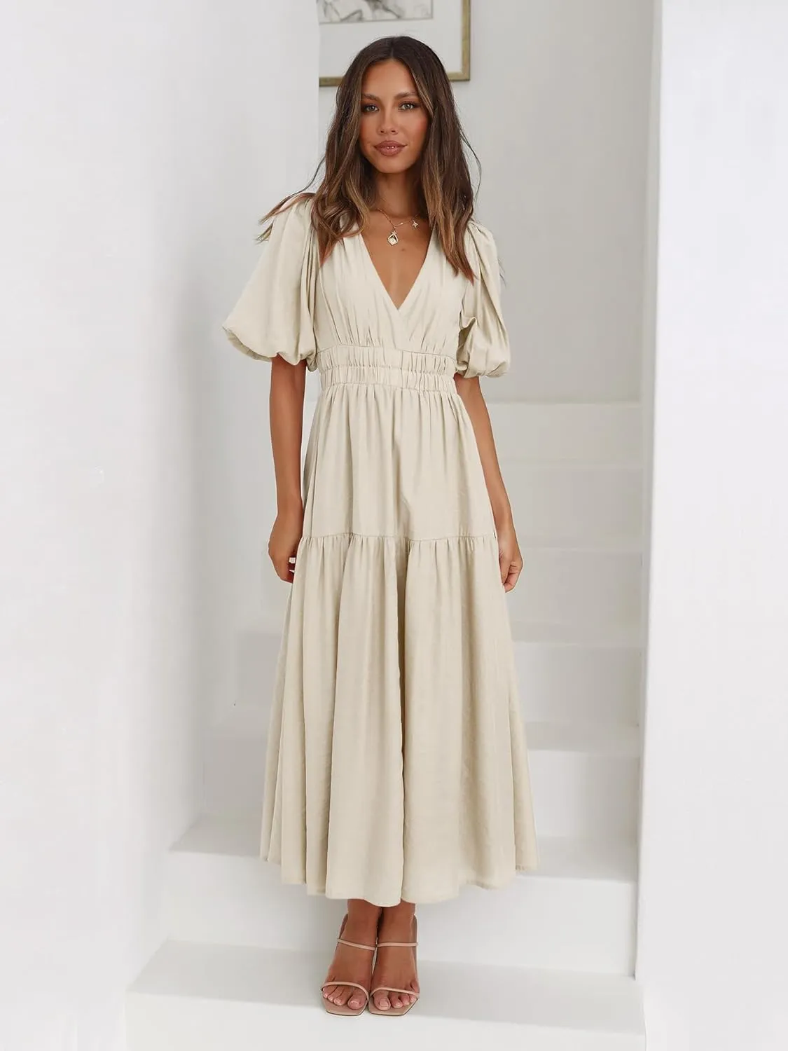 MessBebe Women's Summer Maxi Dress Puffy Sleeve V Neck Boho Party Beach Tiered Ruffle Flowy Long Smocked Dresses