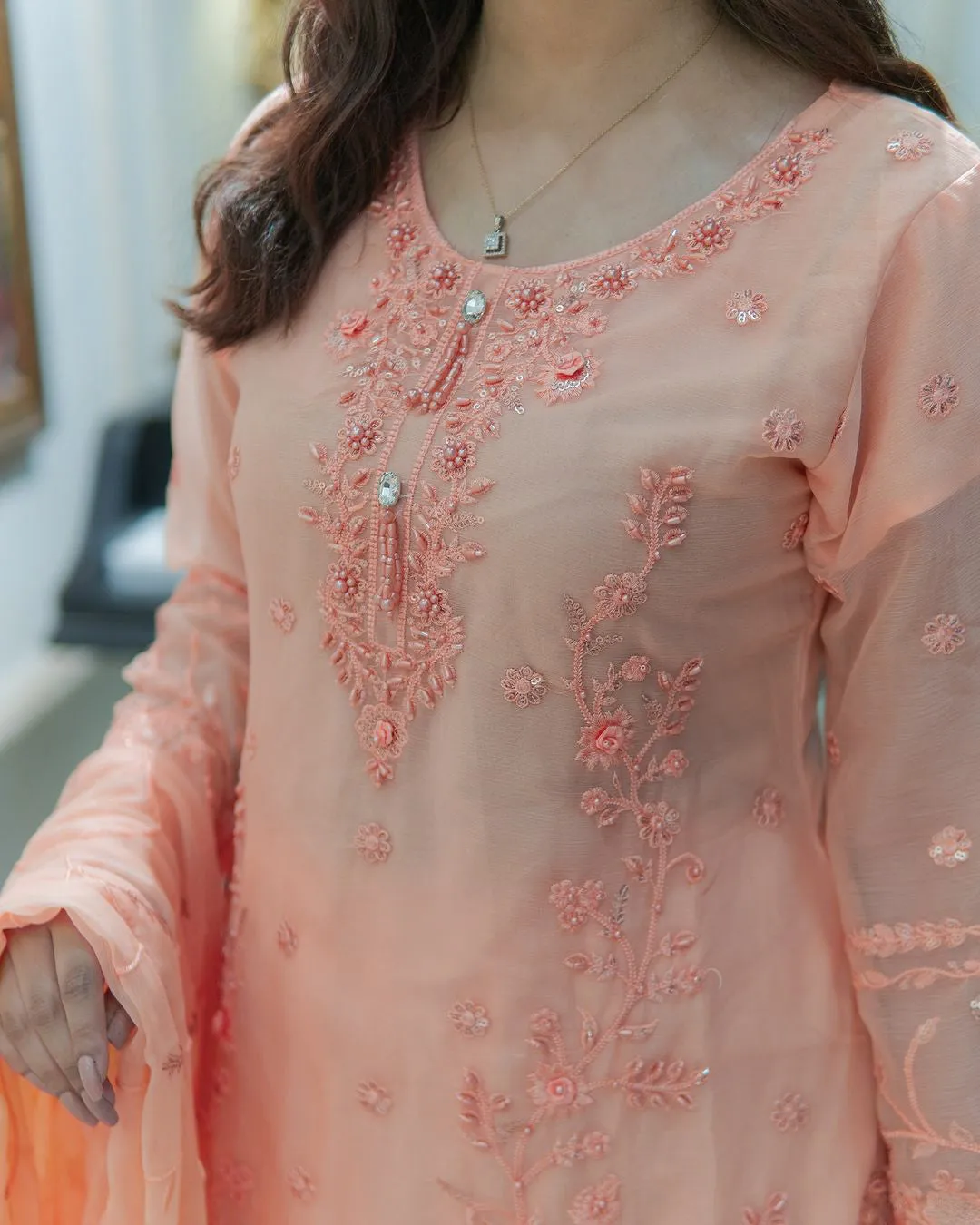 Peach Embroidered Chiffon 3-Piece Suit with Palazzo