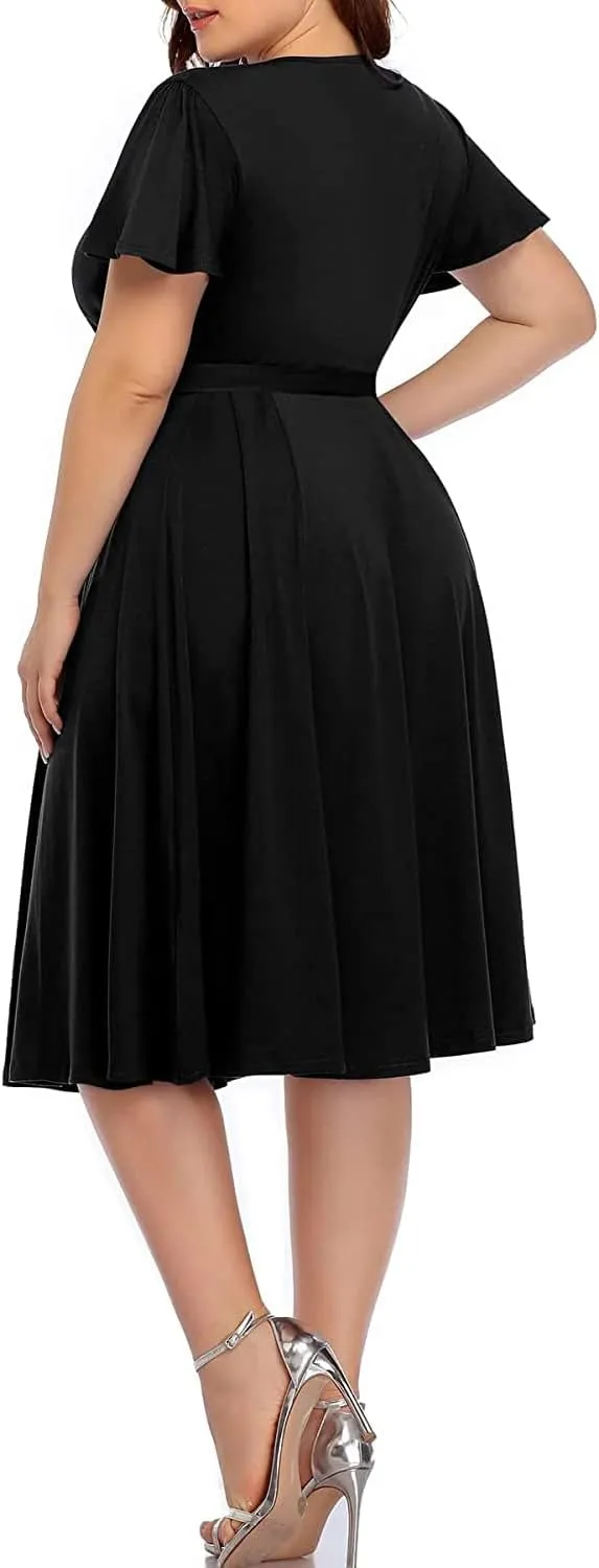 Pinup Fashion Women Plus Size Dresses Wedding Guest - Semi Formal Cocktail Wrap Empire Waist Midi Dress