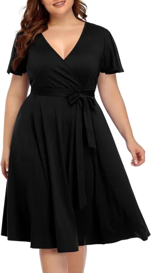 Pinup Fashion Women Plus Size Dresses Wedding Guest - Semi Formal Cocktail Wrap Empire Waist Midi Dress