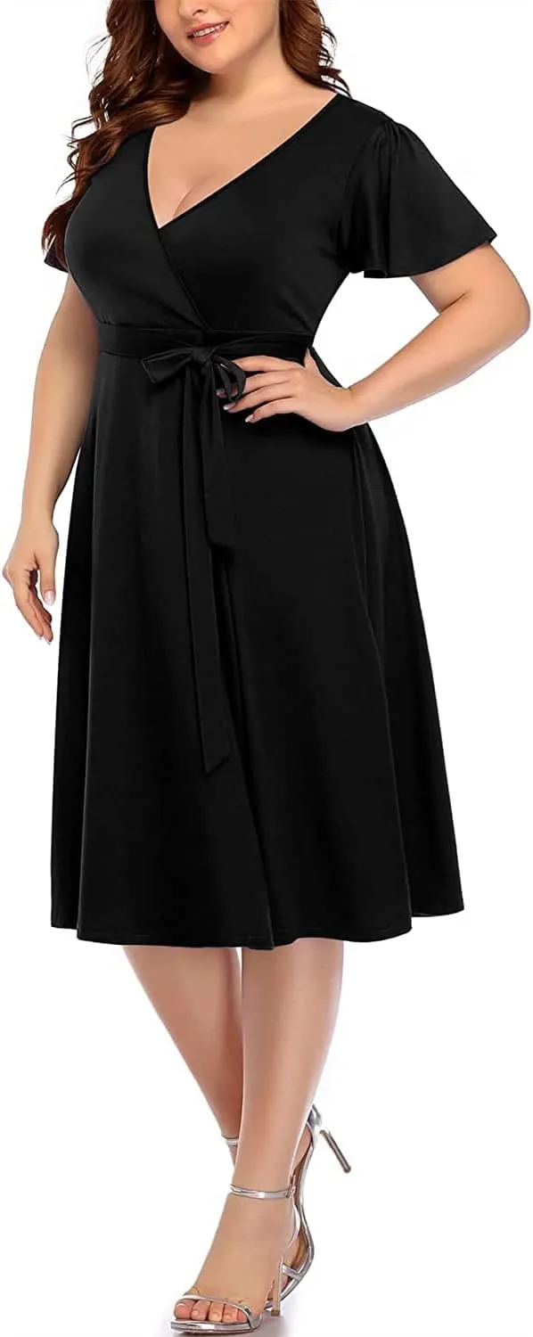 Pinup Fashion Women Plus Size Dresses Wedding Guest - Semi Formal Cocktail Wrap Empire Waist Midi Dress