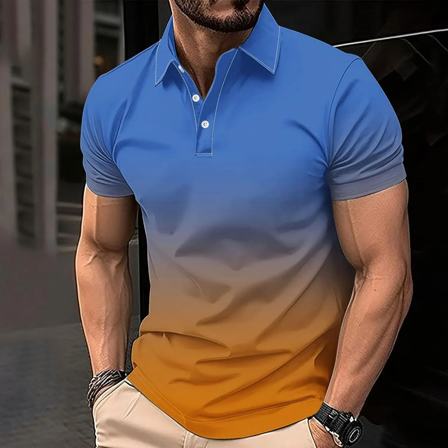 Polo Shirts for Men Short Sleeve Button Down Collar Gradient Tees Dressy Casual Business Work Tshirt Summer Golf Tops