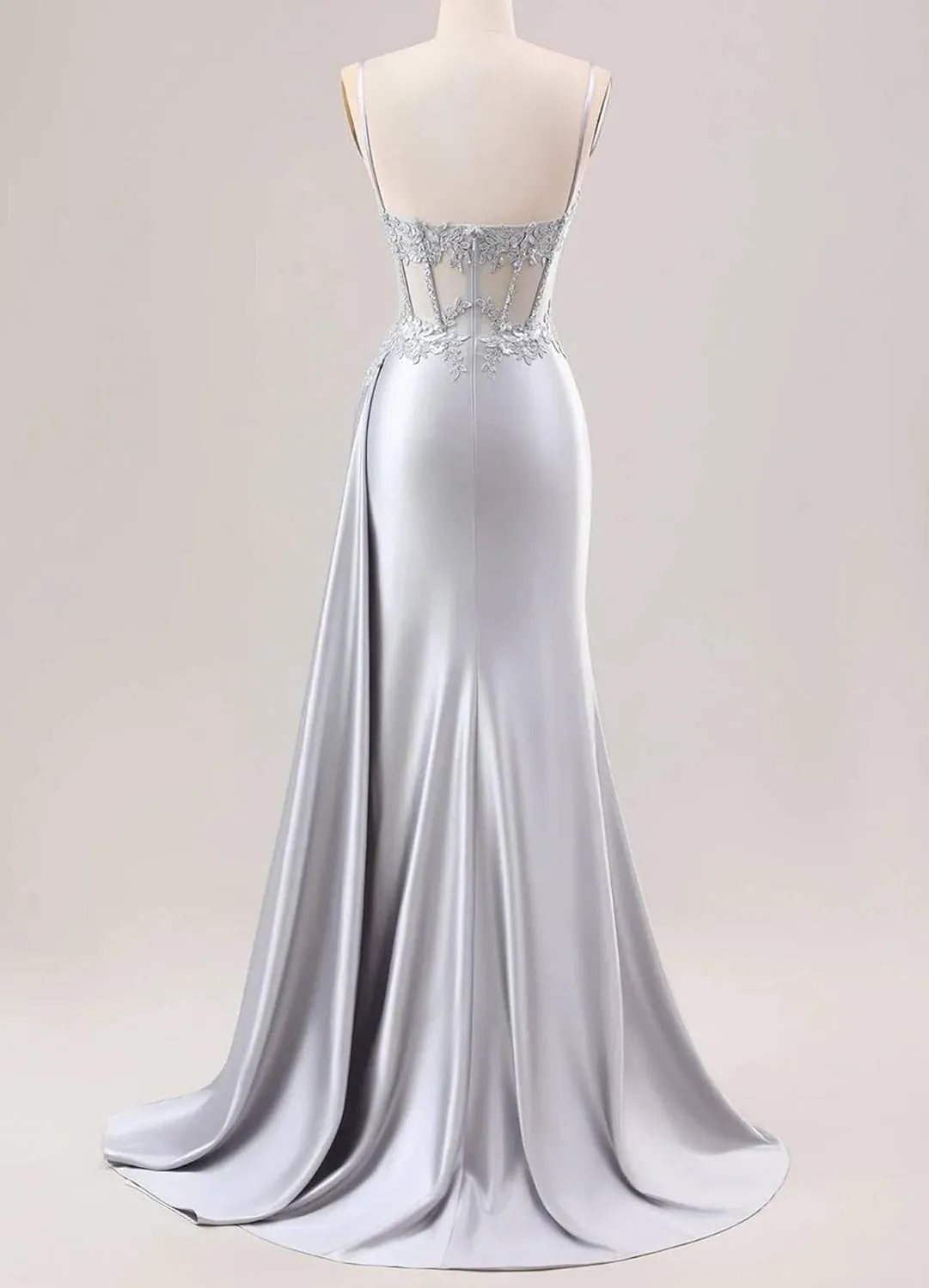 POMUYOO Spaghetti Strap Satin Prom Dresses with Sllit Lace Appliques Long Mermaid Evening Gown