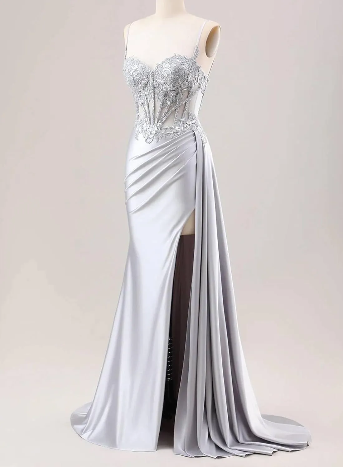 POMUYOO Spaghetti Strap Satin Prom Dresses with Sllit Lace Appliques Long Mermaid Evening Gown