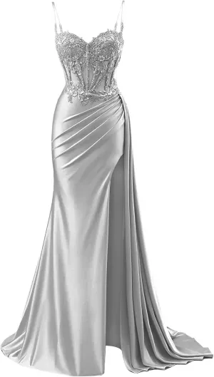POMUYOO Spaghetti Strap Satin Prom Dresses with Sllit Lace Appliques Long Mermaid Evening Gown
