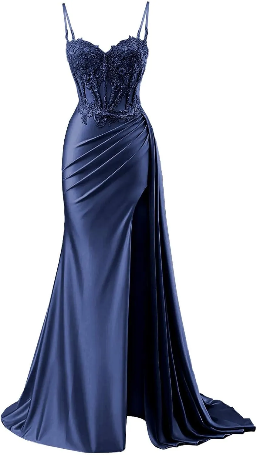 POMUYOO Spaghetti Strap Satin Prom Dresses with Sllit Lace Appliques Long Mermaid Evening Gown