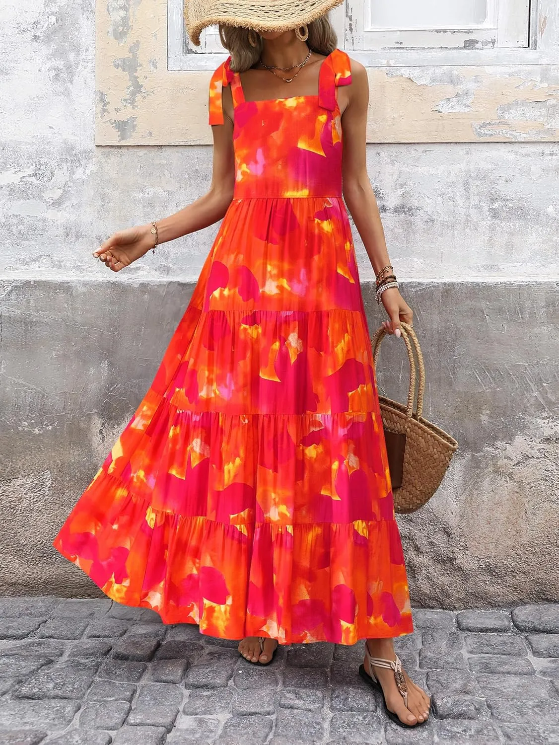 PRETTYGARDEN Womens Dresses 2025 Summer Sleeveless Maxi Dress Square Neck Floral Spaghetti Strap Aline Flowy Beach Long Dress
