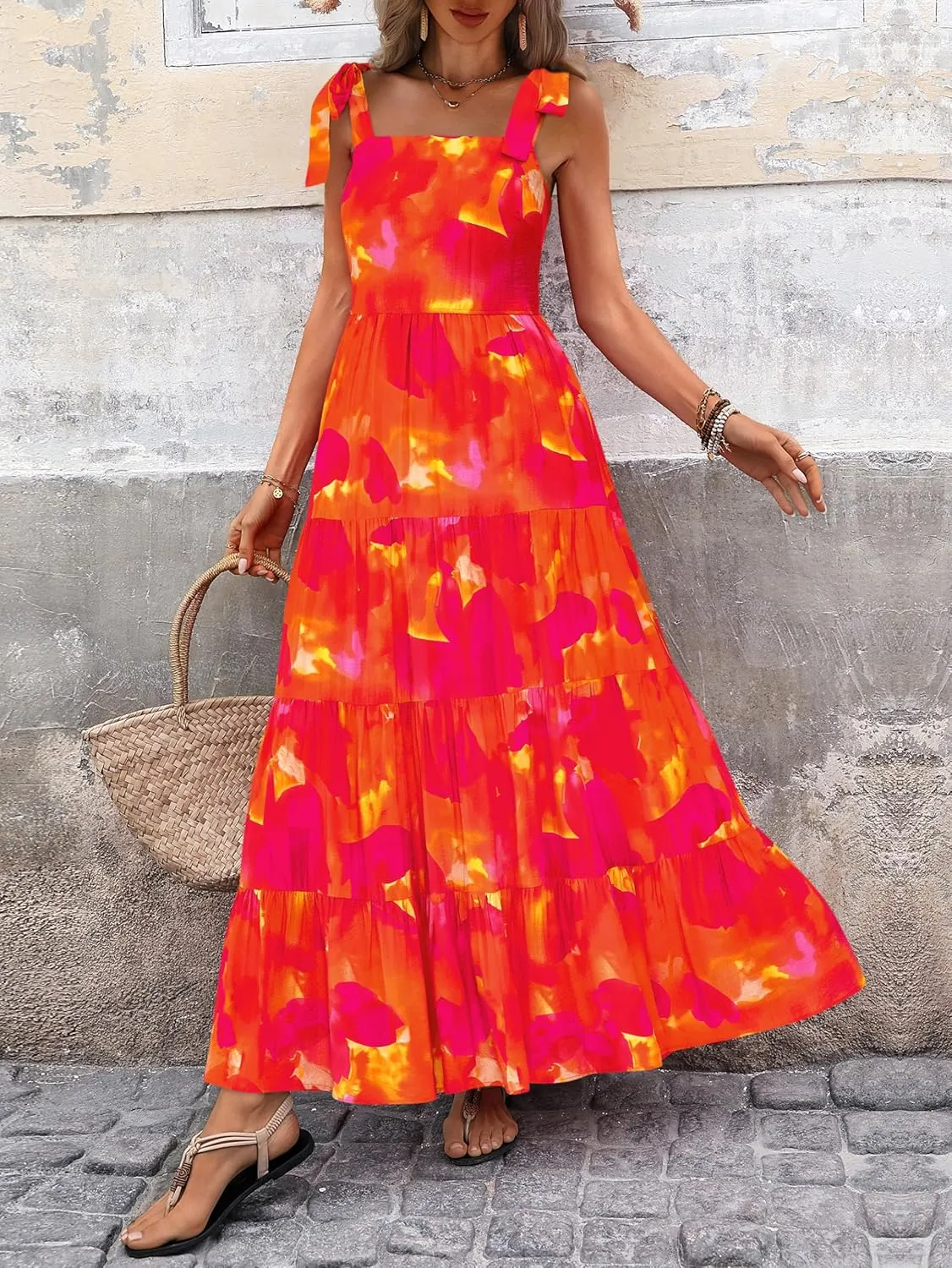 PRETTYGARDEN Womens Dresses 2025 Summer Sleeveless Maxi Dress Square Neck Floral Spaghetti Strap Aline Flowy Beach Long Dress