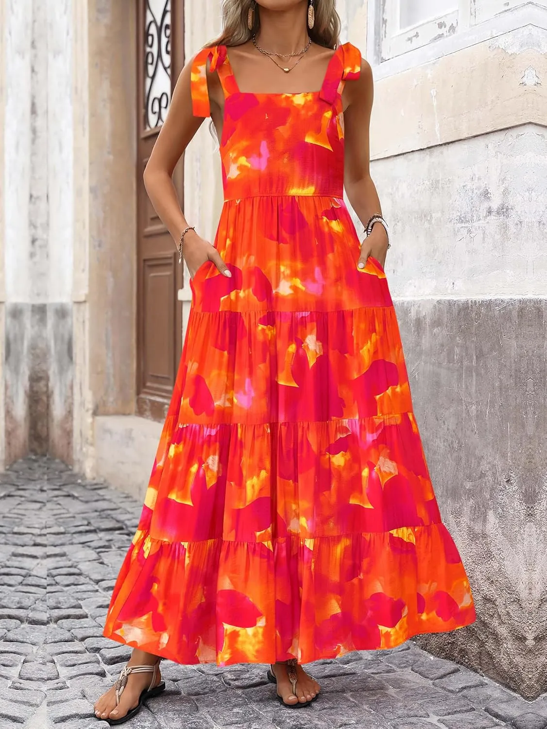 PRETTYGARDEN Womens Dresses 2025 Summer Sleeveless Maxi Dress Square Neck Floral Spaghetti Strap Aline Flowy Beach Long Dress