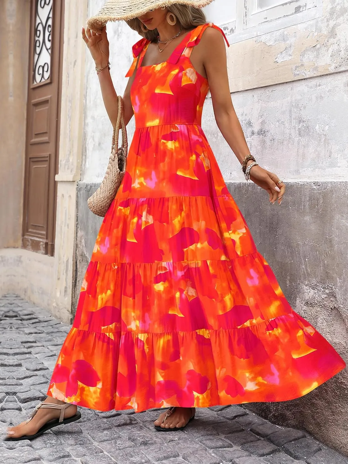 PRETTYGARDEN Womens Dresses 2025 Summer Sleeveless Maxi Dress Square Neck Floral Spaghetti Strap Aline Flowy Beach Long Dress