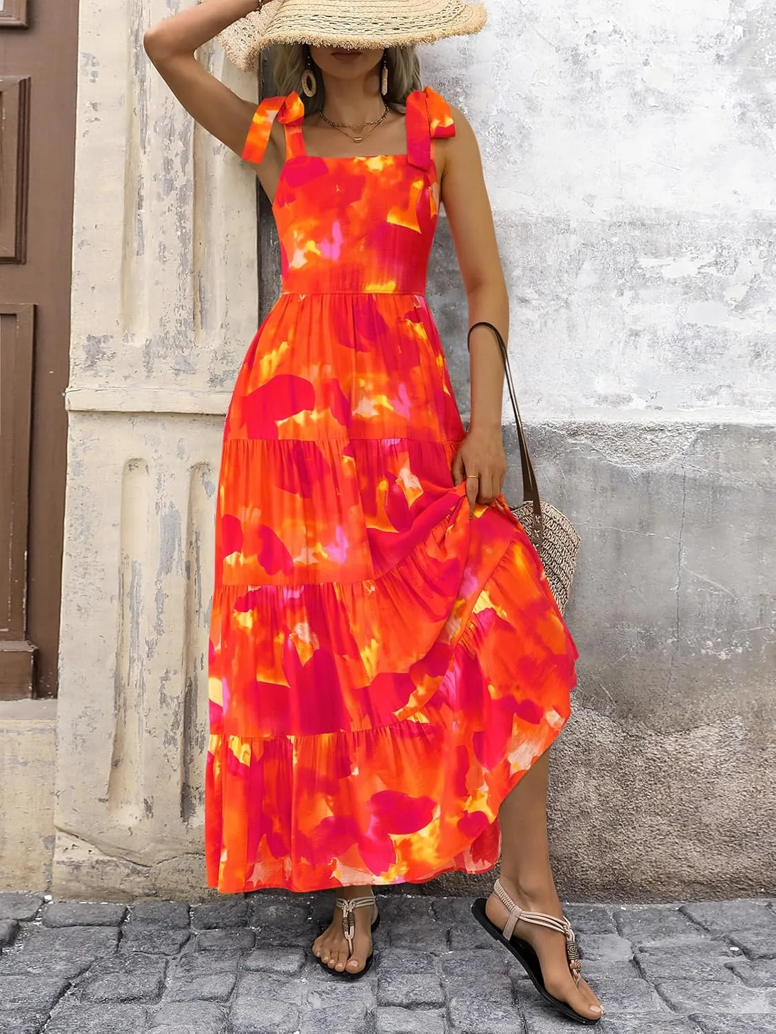 PRETTYGARDEN Womens Dresses 2025 Summer Sleeveless Maxi Dress Square Neck Floral Spaghetti Strap Aline Flowy Beach Long Dress
