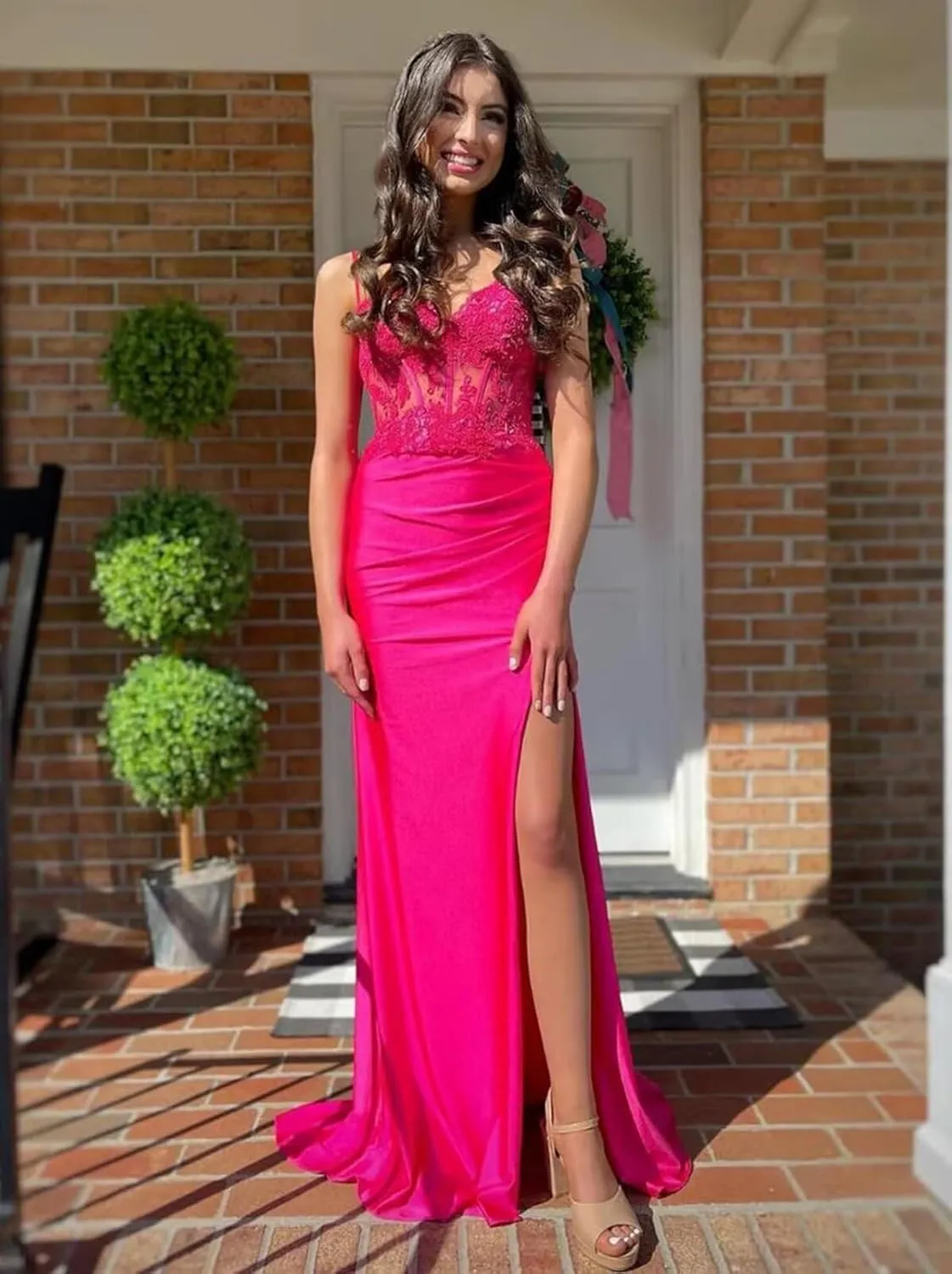 Satin Mermaid Corset Prom Dresses for Women Teens Sparkly Floral Long Formal Evening Gown with Slit