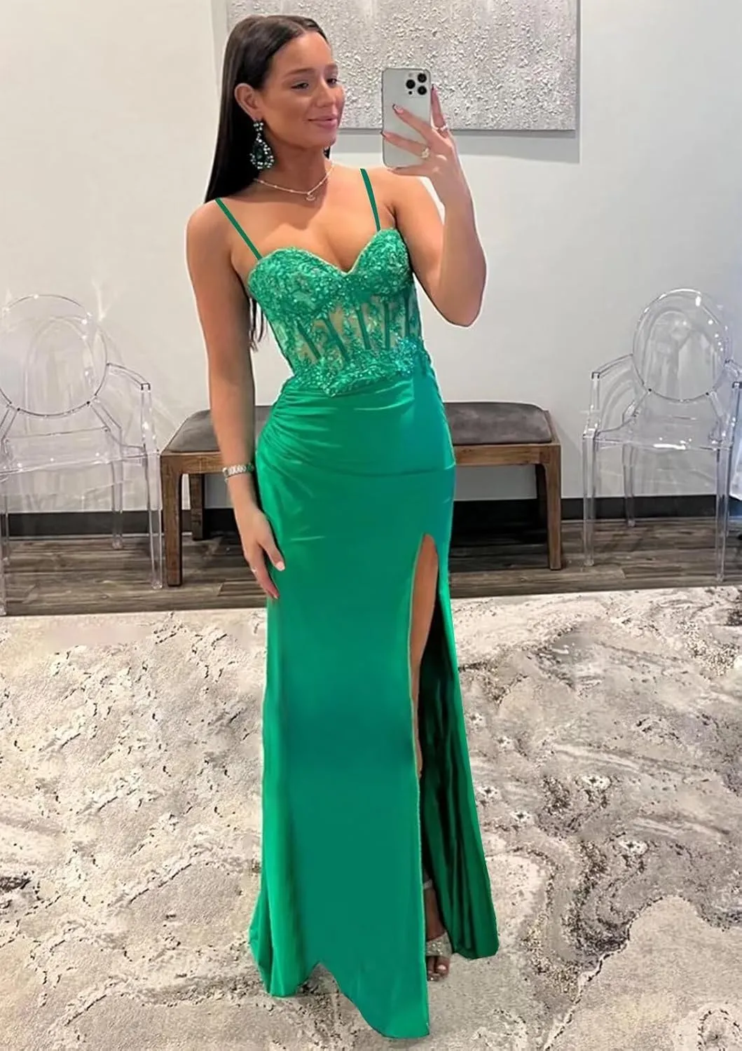 Satin Mermaid Corset Prom Dresses for Women Teens Sparkly Floral Long Formal Evening Gown with Slit