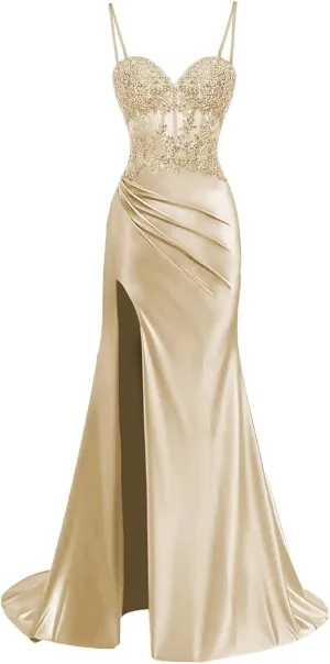 Satin Mermaid Corset Prom Dresses for Women Teens Sparkly Floral Long Formal Evening Gown with Slit