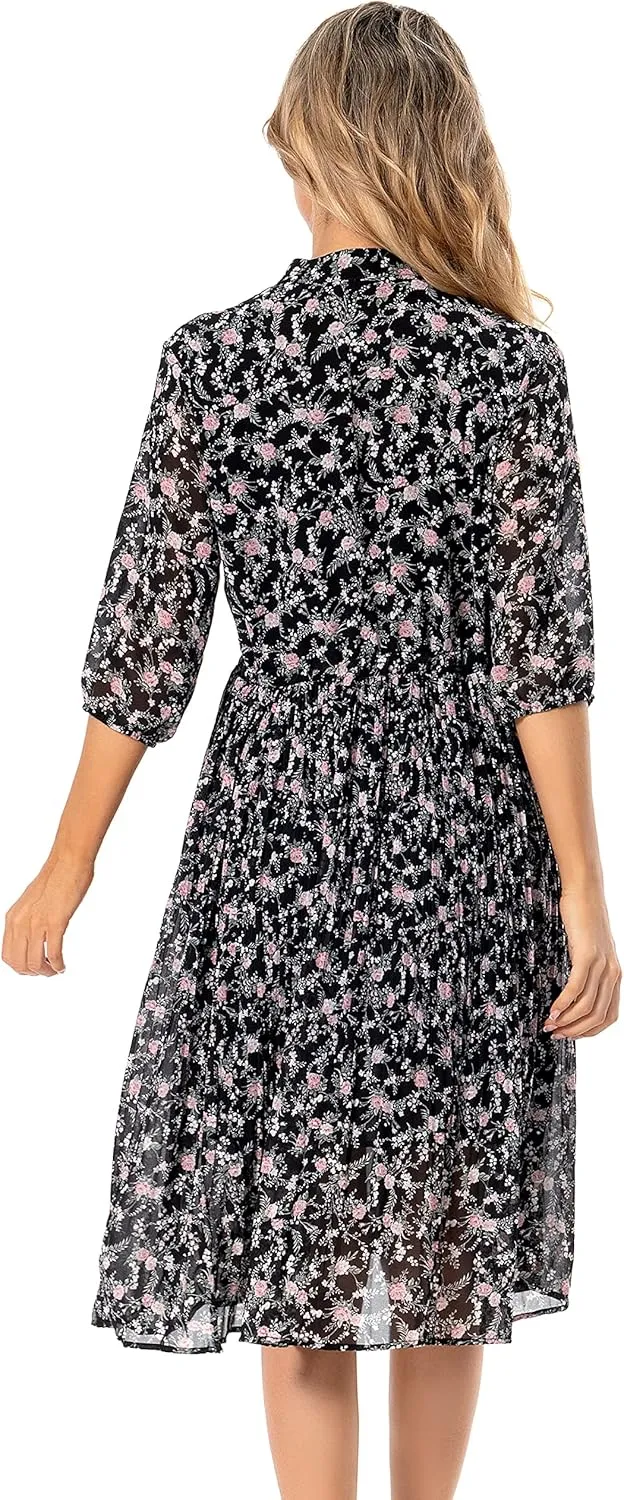 Shineflow Women's Short Sleeve V-Neck 3/4 Sleeve Button Up Chiffon Floral Pleated Midi Swing Dress with Belt