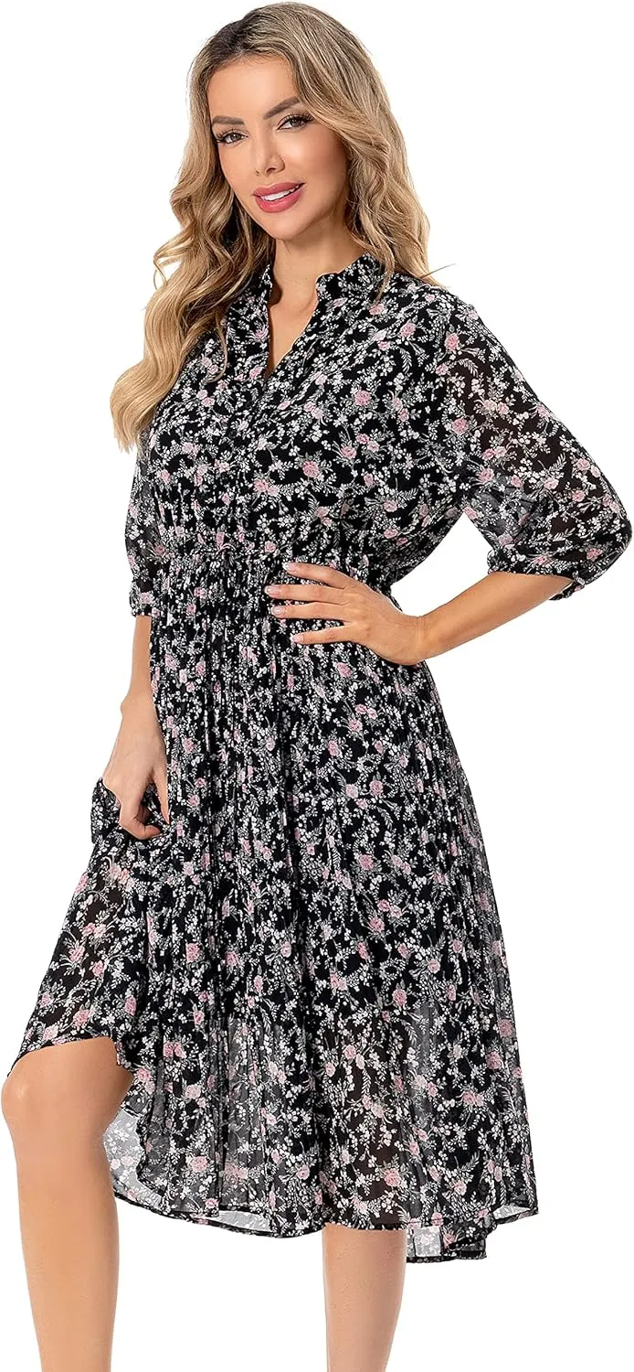 Shineflow Women's Short Sleeve V-Neck 3/4 Sleeve Button Up Chiffon Floral Pleated Midi Swing Dress with Belt