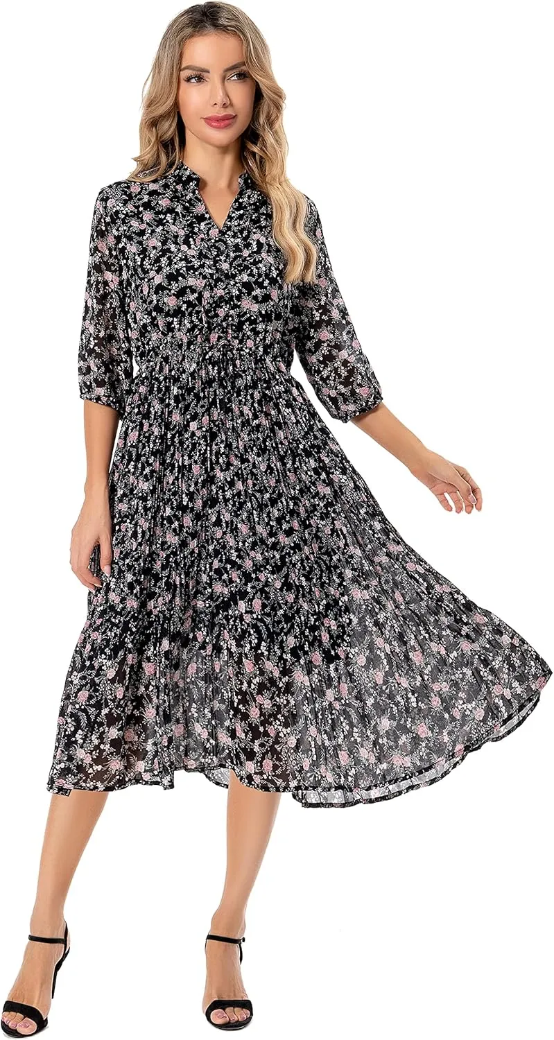 Shineflow Women's Short Sleeve V-Neck 3/4 Sleeve Button Up Chiffon Floral Pleated Midi Swing Dress with Belt
