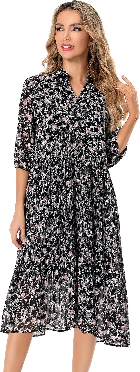 Shineflow Women's Short Sleeve V-Neck 3/4 Sleeve Button Up Chiffon Floral Pleated Midi Swing Dress with Belt