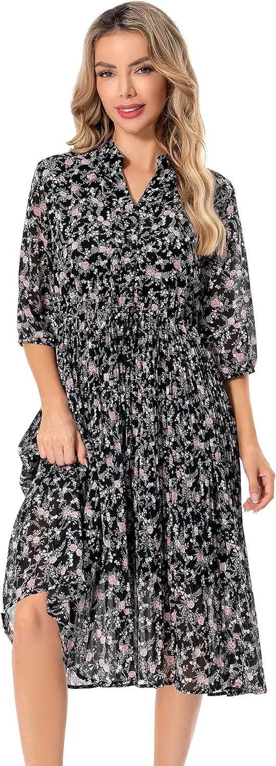 Shineflow Women's Short Sleeve V-Neck 3/4 Sleeve Button Up Chiffon Floral Pleated Midi Swing Dress with Belt